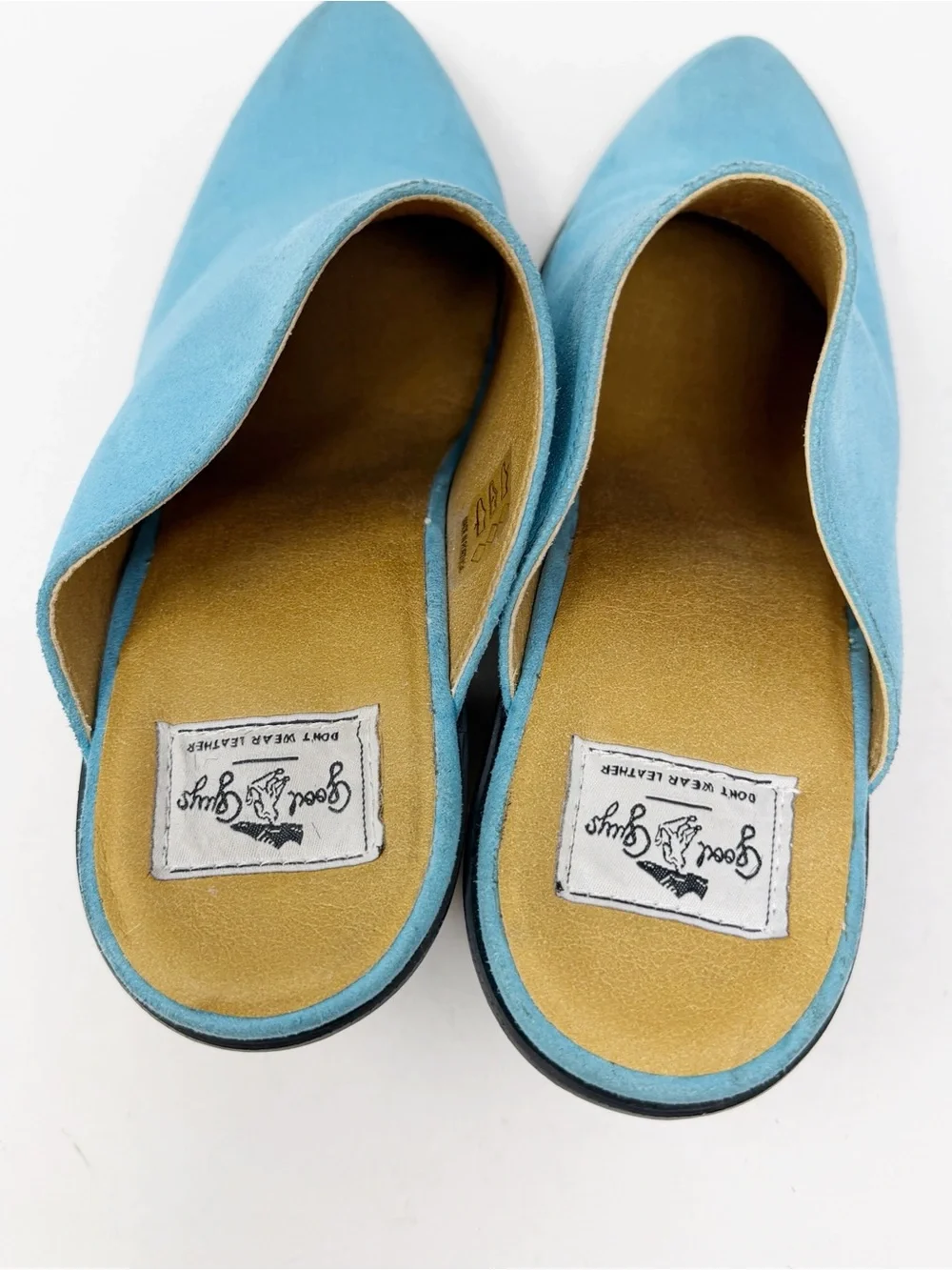 Good Guys Dont Wear Leather Lola Blue Vegan Suede Mules Pointed Toe Heels 42